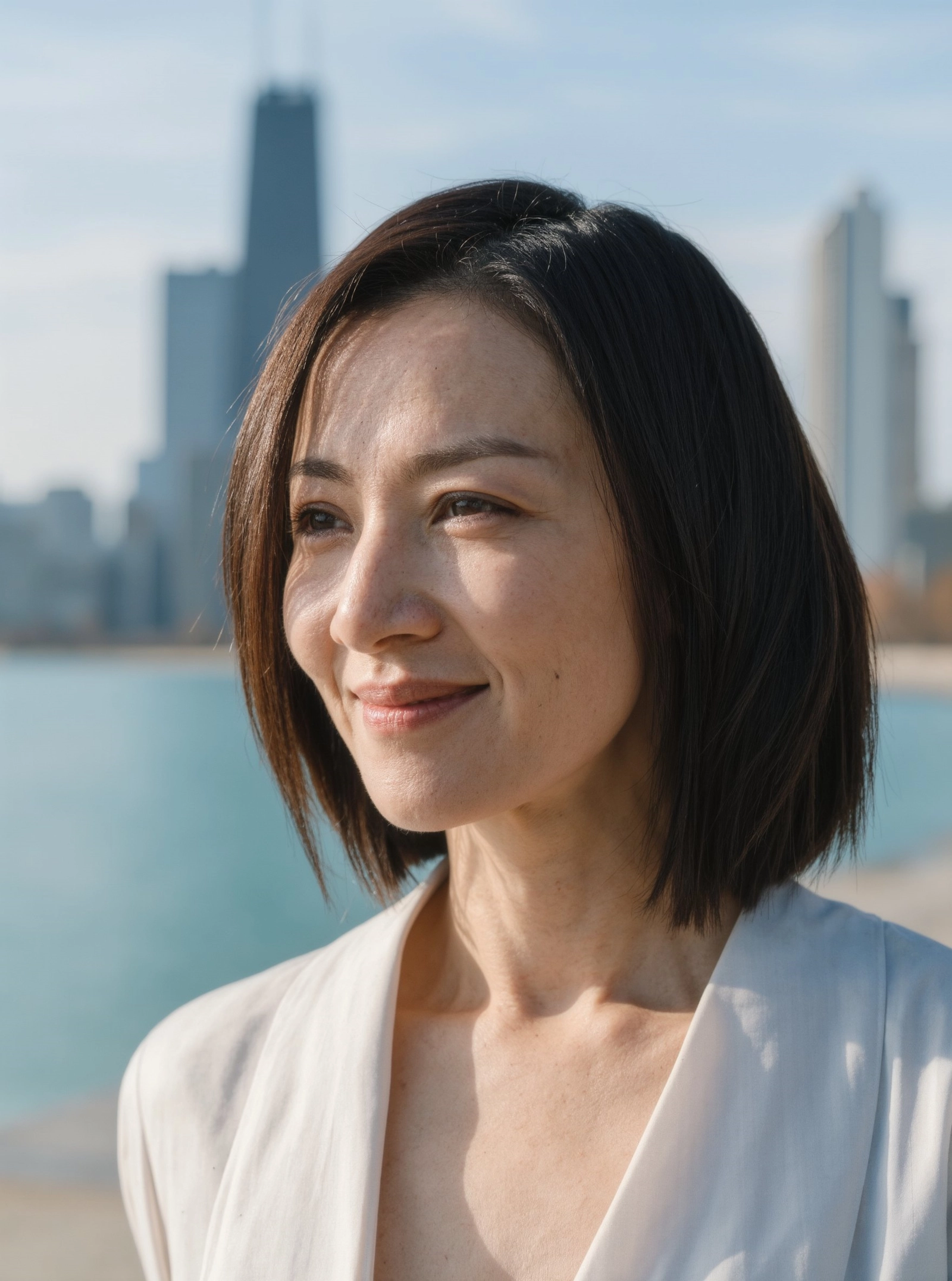 A woman smiling by Lake Michigan with the Chicago skyline behind her