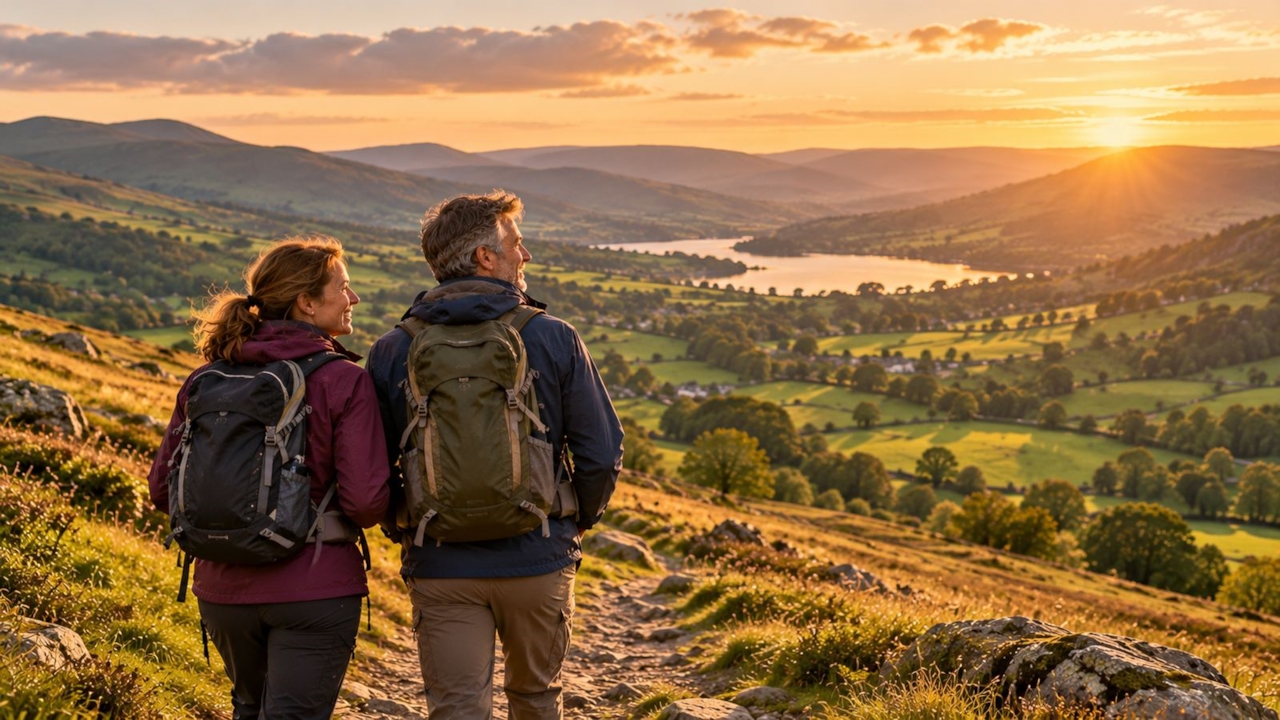 Two walkers on a hill path looking out over a green valley
