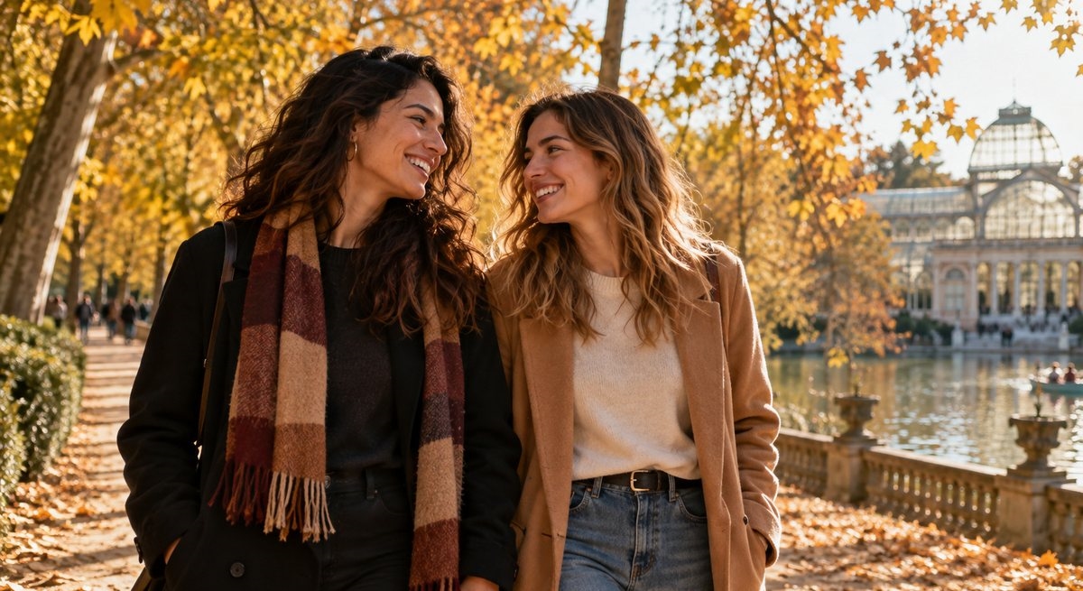 Dos mujeres paseando y riendo por el parque del Retiro de Madrid en otoño
