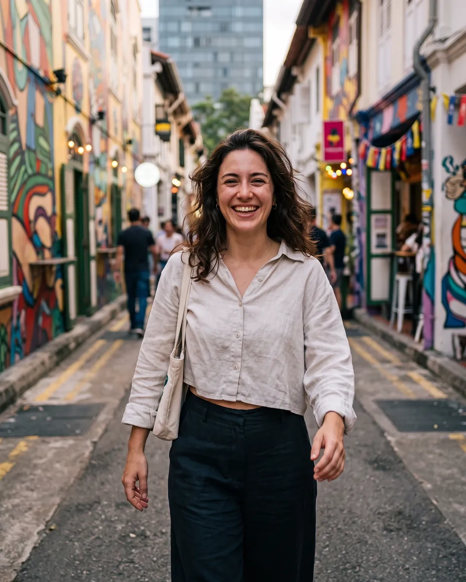 A woman with wavy dark hair, a cropped linen shirt and wide trousers walks smiling down a lane of colourful murals and small shops in Kampong Glam (AI-generated image)