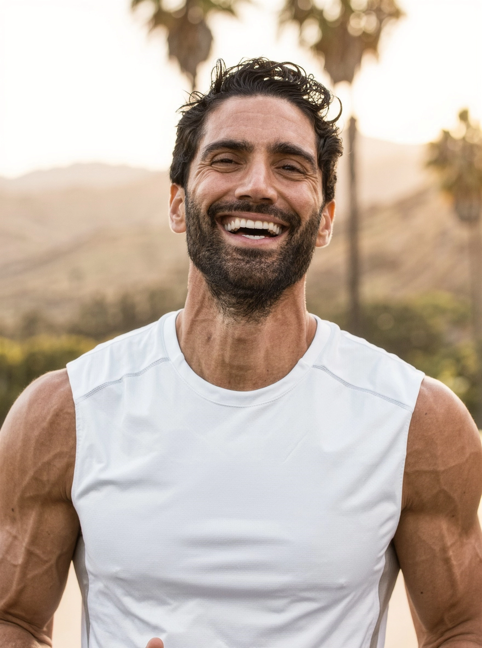 A man in a white training top laughing on a sunlit trail with palm trees and hills behind him
