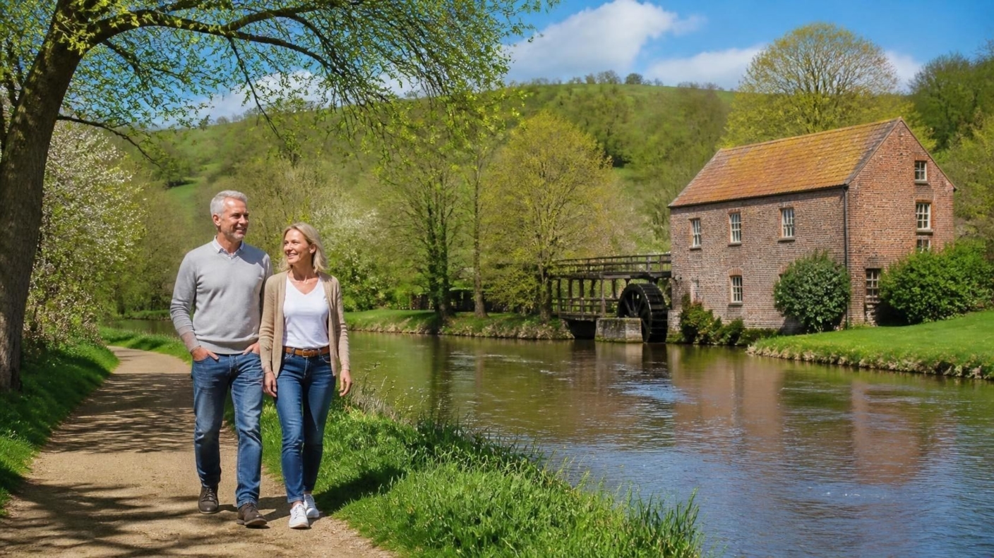 A couple walking along a riverside path past an old red-brick watermill