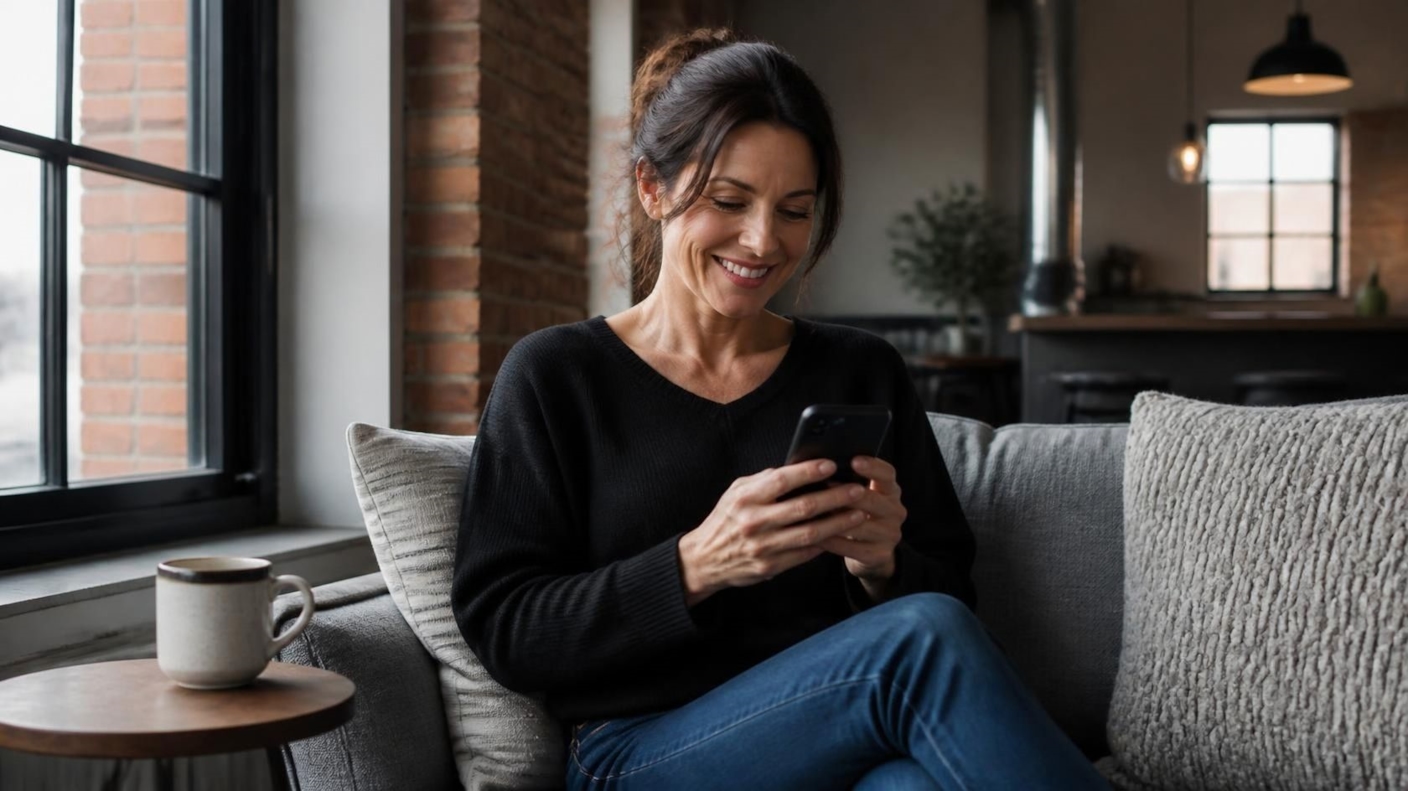 A woman smiling at her phone on a sofa in a red brick flat