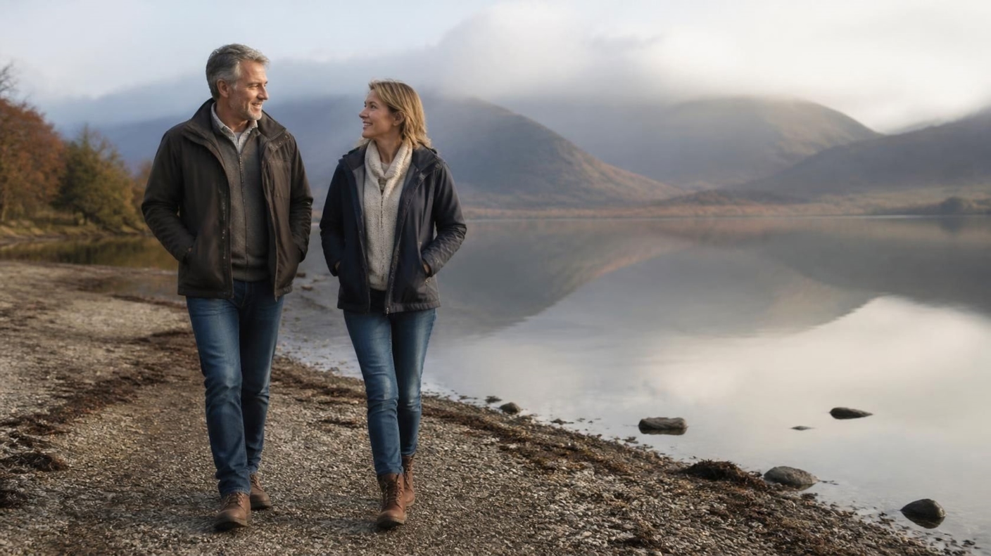 A couple walking and talking along a quiet lakeshore on a misty morning
