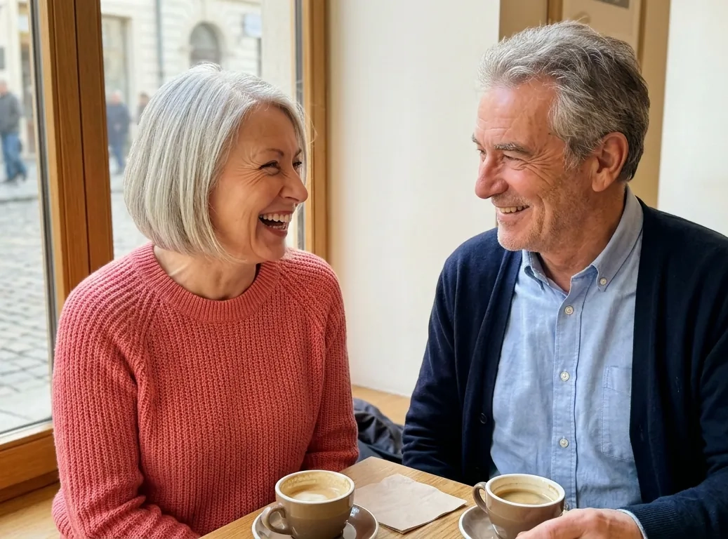 A woman in her mid sixties with a silver bob and a coral jumper laughs with a man in his late sixties in a navy cardigan over coffee at a window table in a bright café (AI-generated image)