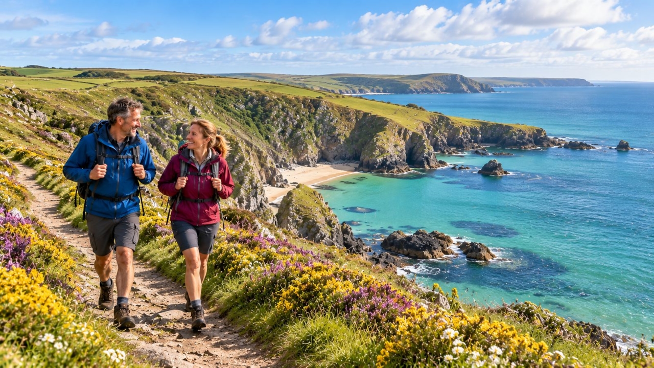 Two walkers on a clifftop coast path in Pembrokeshire above a turquoise cove