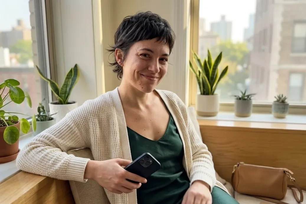 A woman with a dark pixie cut and a green satin top under a cream cardigan sits in a sunny window seat holding her phone, her bag and keys beside her, smiling at the camera (AI-generated image)