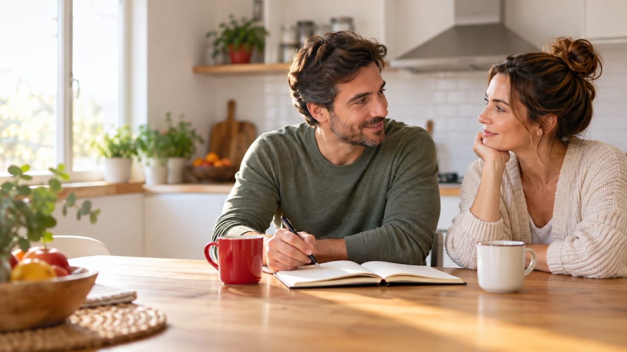 Una pareja conversa sentada a la mesa de su cocina por la mañana, con dos tazas de café y una libreta abierta delante