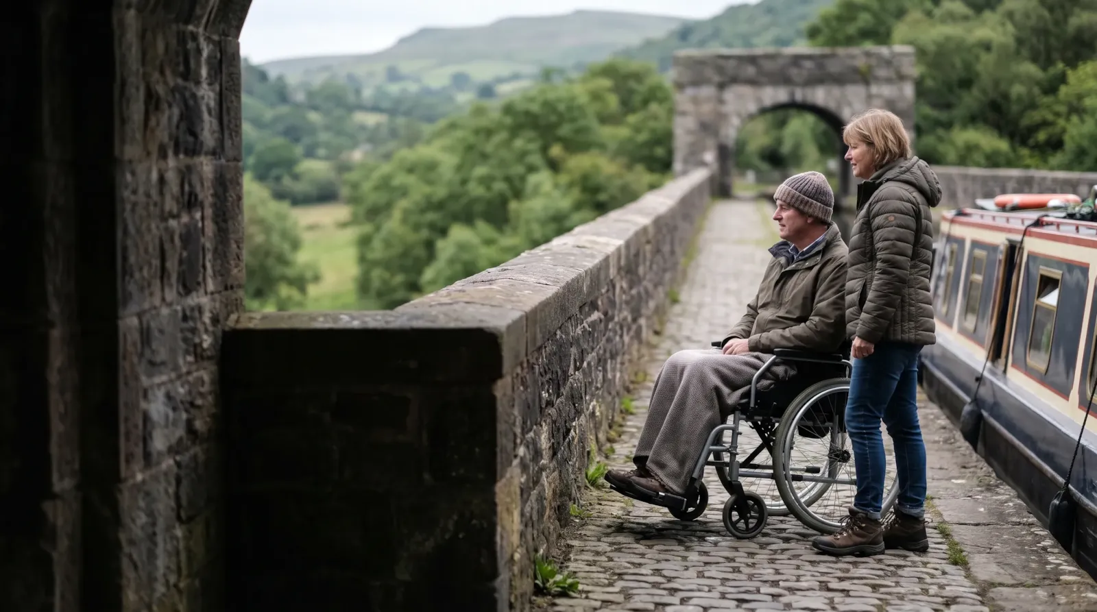 A couple on the towpath of the Pontcysyllte Aqueduct; the man is a wheelchair user