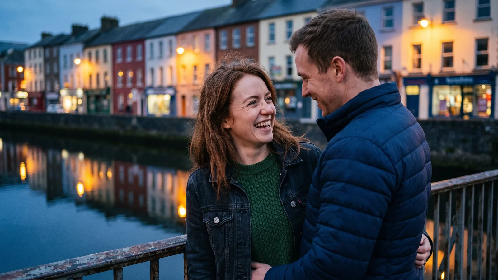 A woman in a grey beanie smiles at the camera while a curly-haired man in a puffer jacket smiles at her, close together at an iron railing beside the River Lee in central Cork at blue hour, lit buildings reflected in the water (AI-generated image)