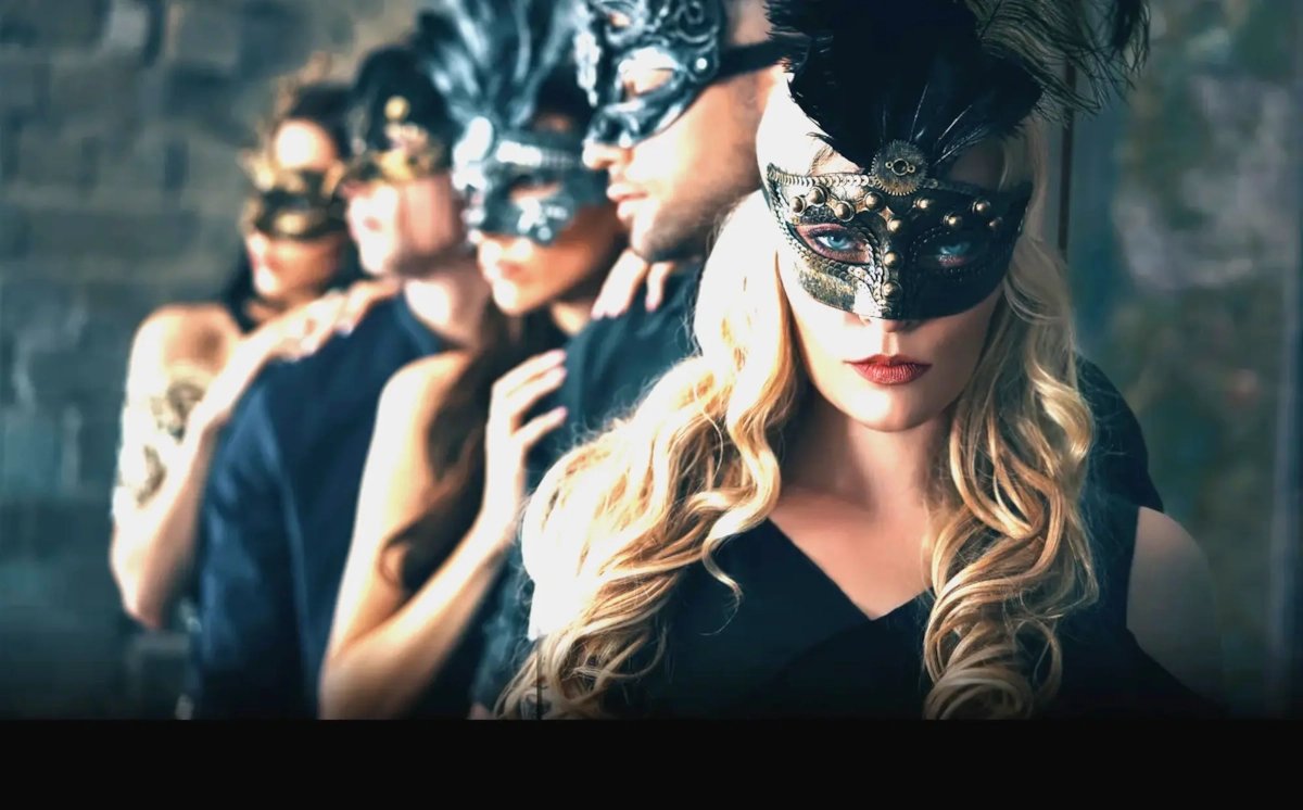 Group in masquerade masks at a party
