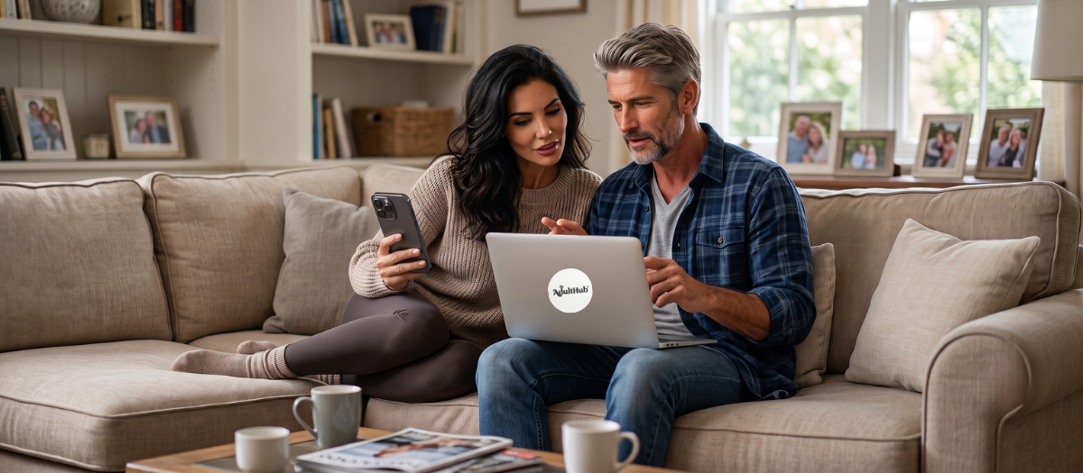 Couple comparing swinger dating sites together on a laptop