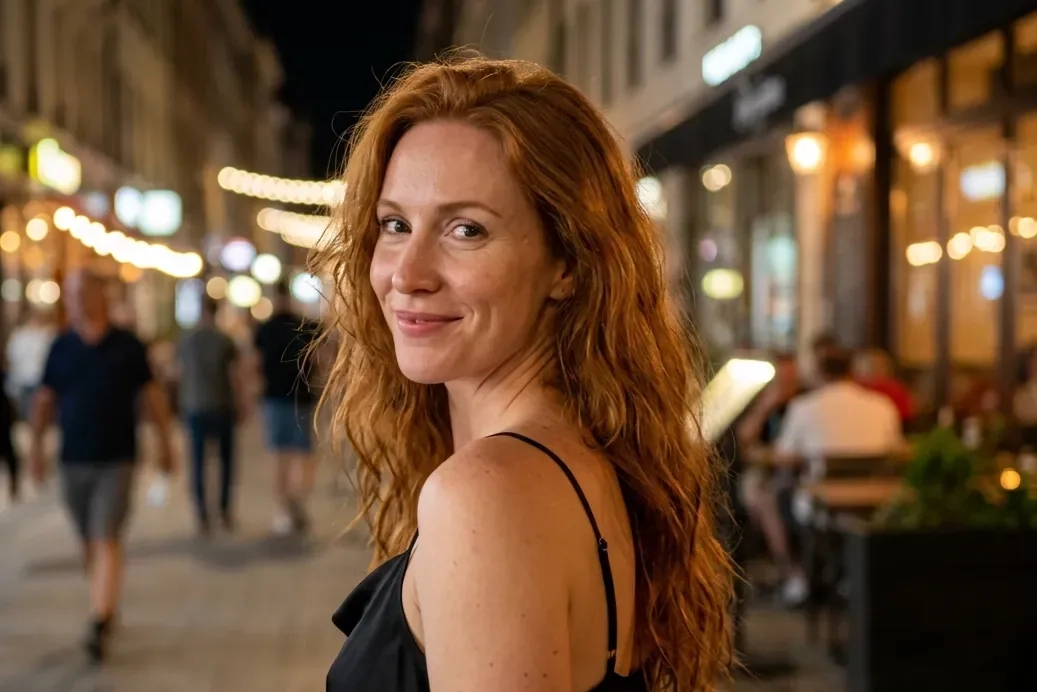 A woman with long copper-red hair and a black slip dress looks back over her shoulder with a smile on a lit city street at night (AI-generated image)