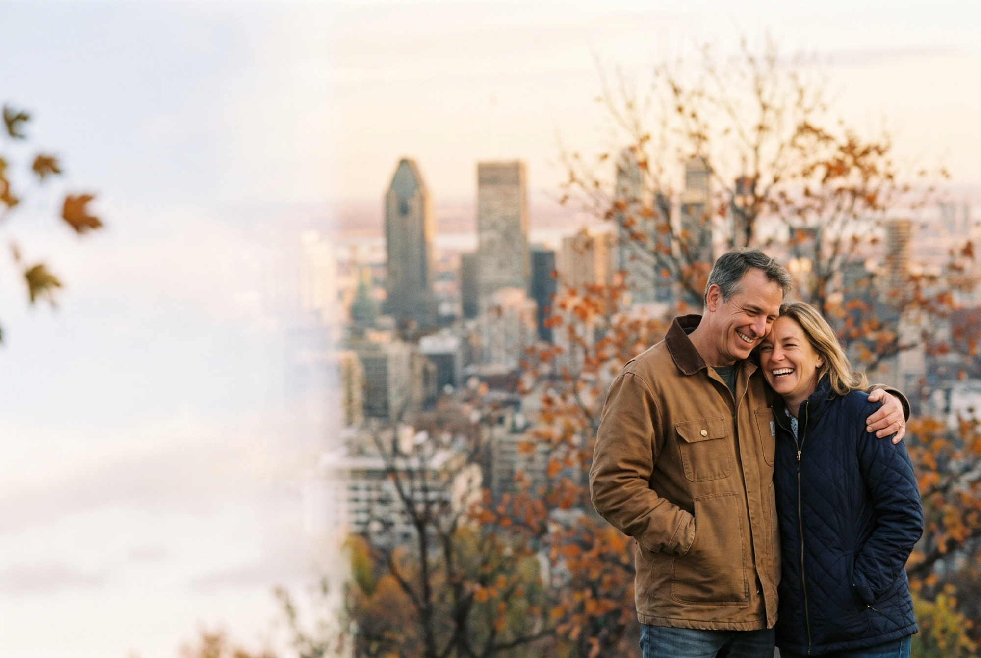 A happy couple laughing together at a Mount Royal lookout with the downtown Montreal skyline behind them