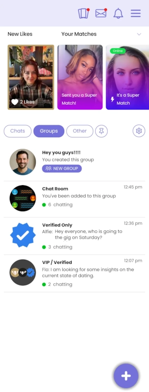 The Groups tab, showing member-created private groups alongside chat room types.