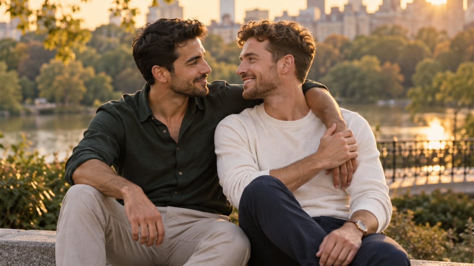 Pareja de hombres gay abrazados y felices, símbolo de una relación seria y estable