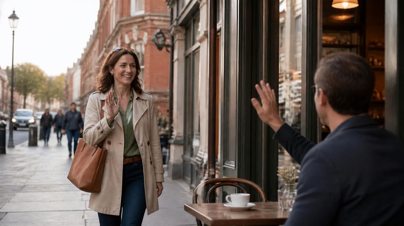 A man waving hello from a café table to a smiling woman arriving along a city street