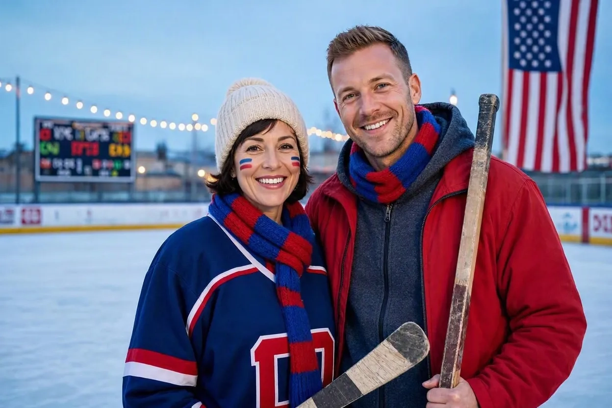 A couple in winter coats holding an American flag on an outdoor rink