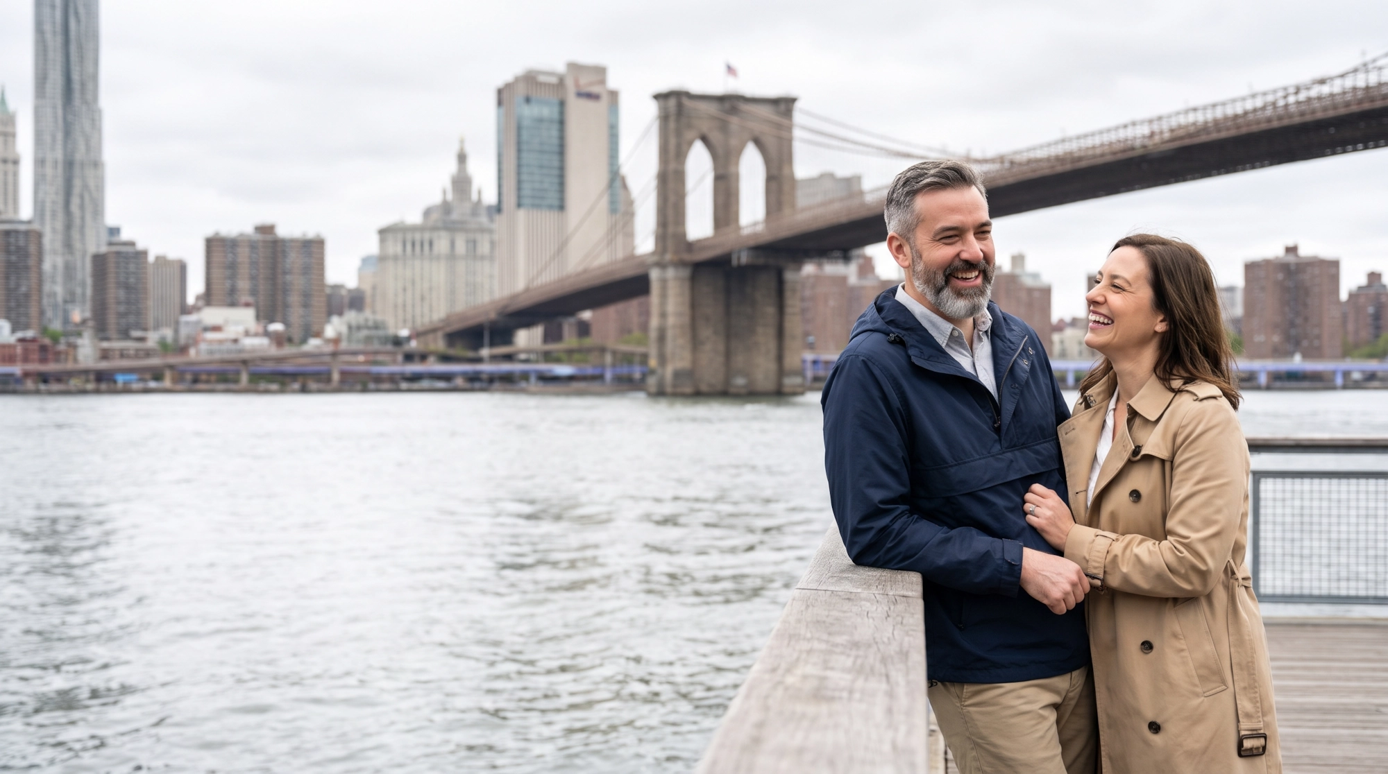A happy couple laughing by the Brooklyn Bridge with the Manhattan skyline behind them