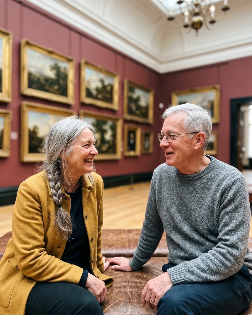 A man in his mid sixties with round glasses and a woman in her early sixties with a grey plait sit on a bench in a gallery room with old landscape paintings, chatting and smiling (AI-generated image)