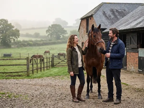 People with a horse outside a stable yard