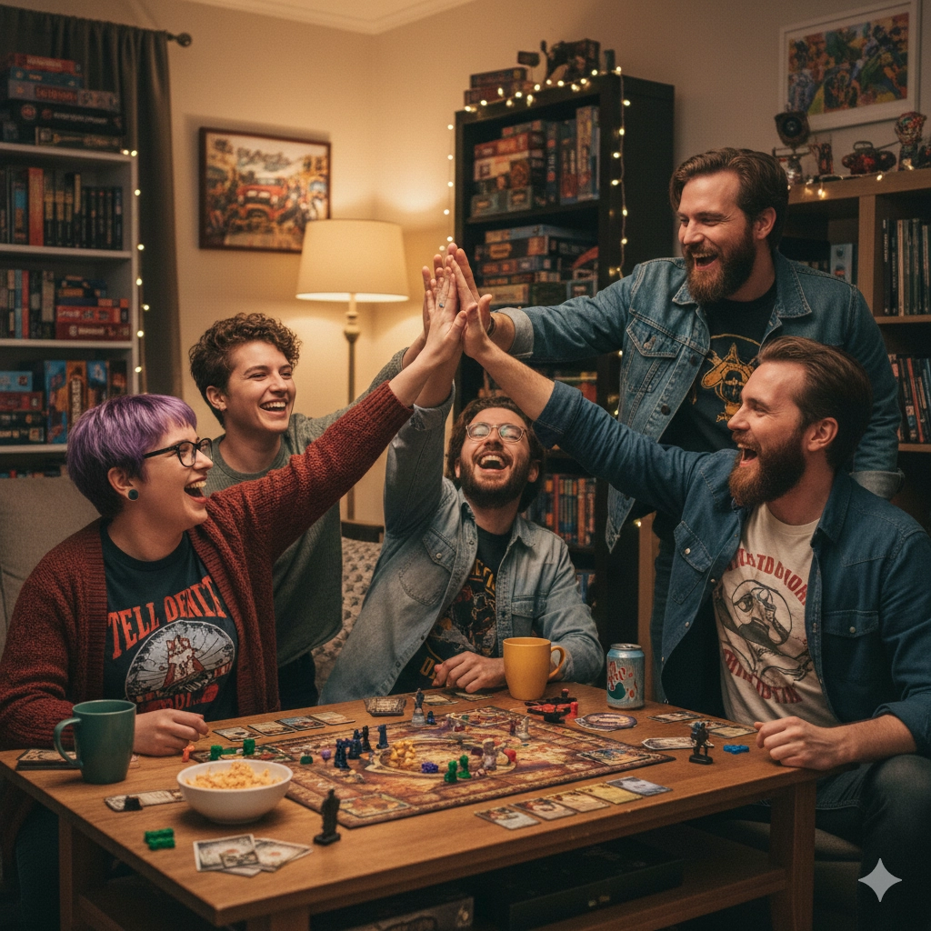 Friends experiencing the benefits of board gaming together