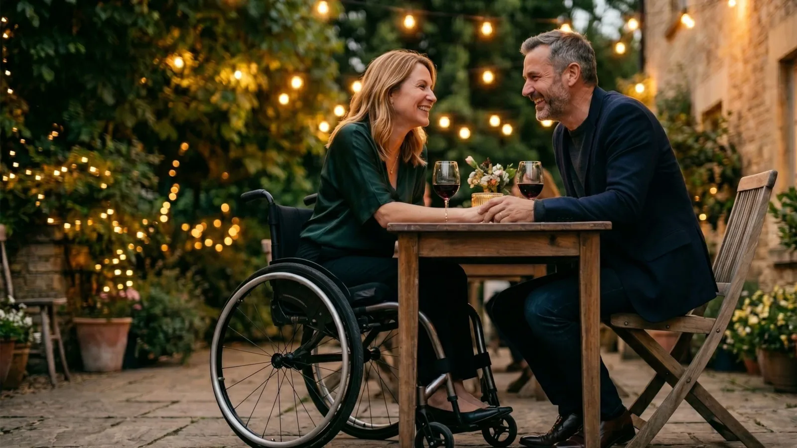 A couple sharing a tender moment on a terrace at dusk; one partner is a wheelchair user