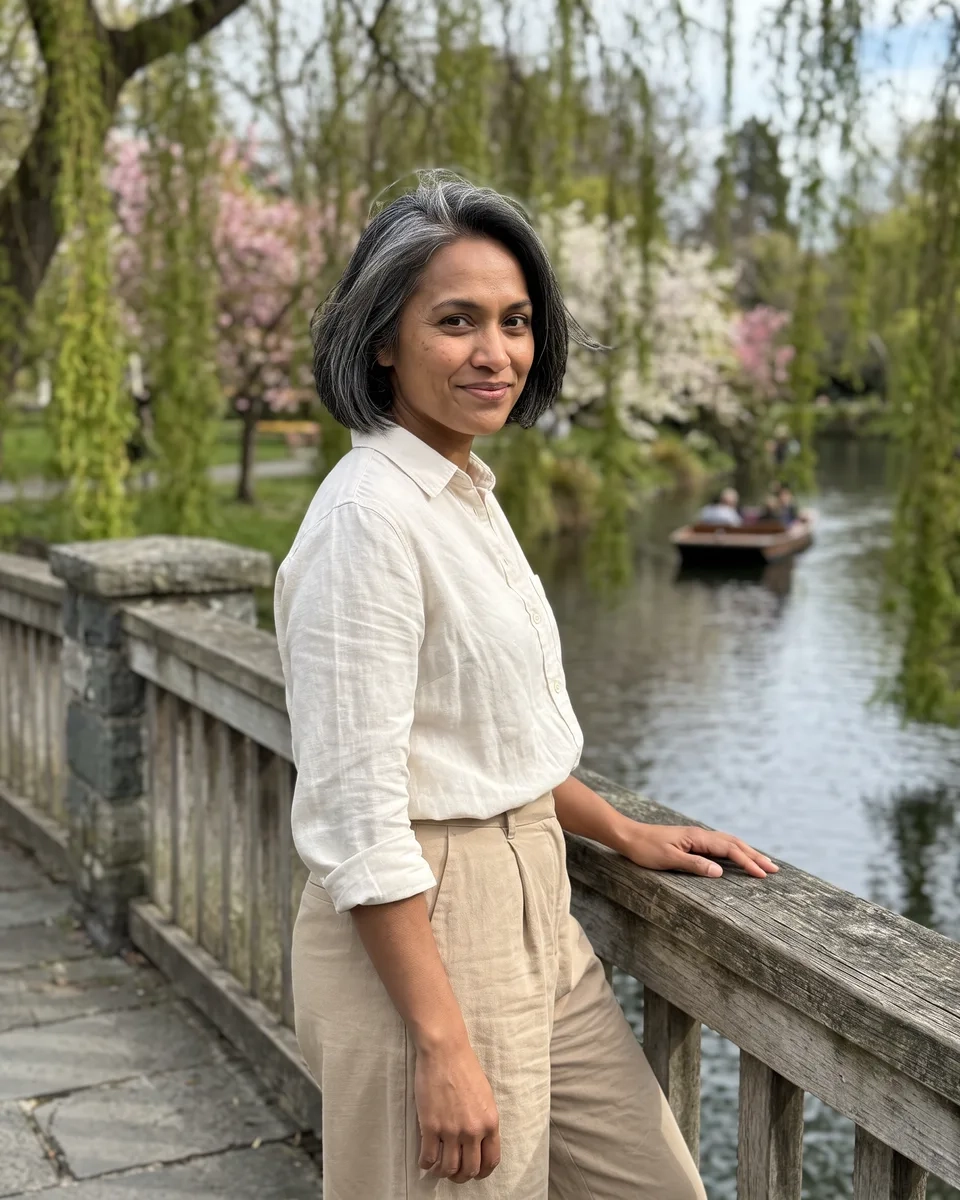 A woman with a short silver-streaked black bob in a cream linen shirt stands on a stone footbridge over the Avon River in the Christchurch Botanic Gardens and looks back at the camera with a half-smile (AI-generated image)