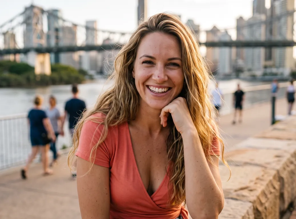 A woman with long honey-blonde waves in a coral wrap top rests her chin on her hand and smiles at the camera on the riverside walk at Kangaroo Point in Brisbane at golden hour, the city skyline and the Story Bridge behind her (AI-generated image)