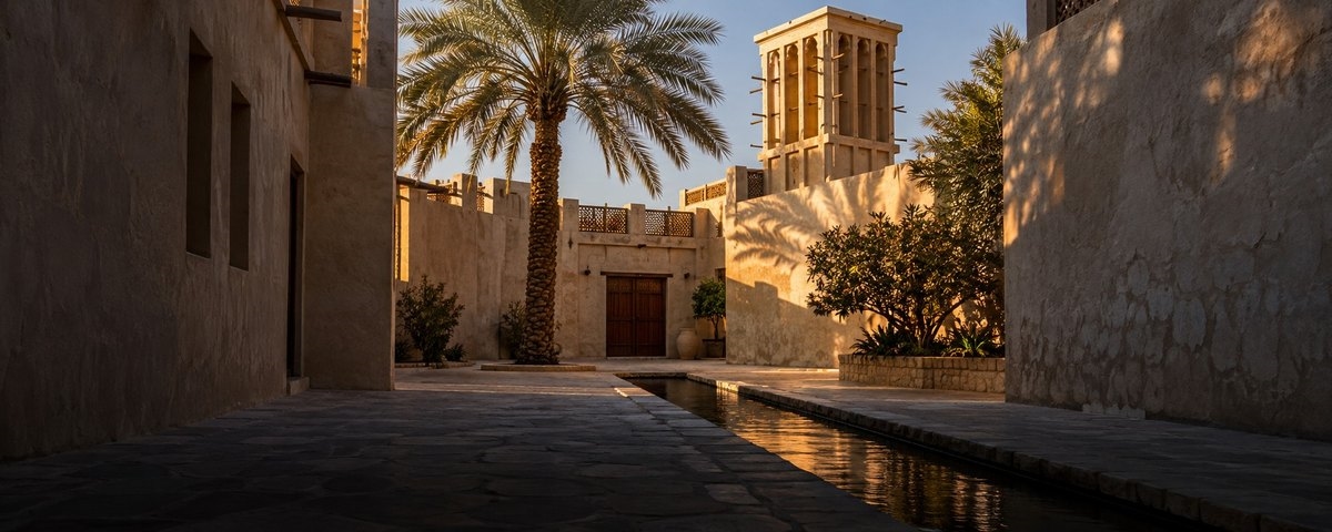 A quiet courtyard of pale stone walls in the United Arab Emirates at low sun, with a wind tower, a date palm and a narrow water channel