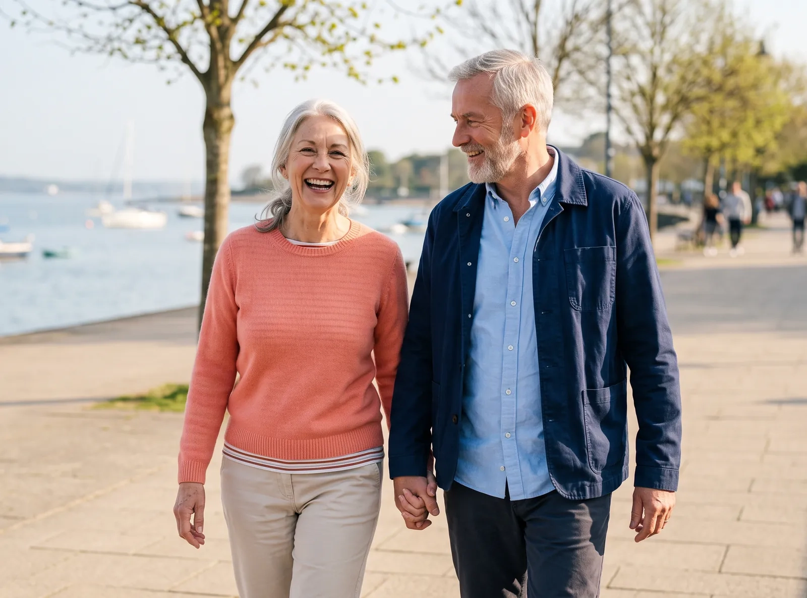 A laughing couple in their sixties walk hand in hand along a sunny waterfront promenade, she in a coral jumper, he in a navy jacket, sailing boats behind them (AI-generated image)