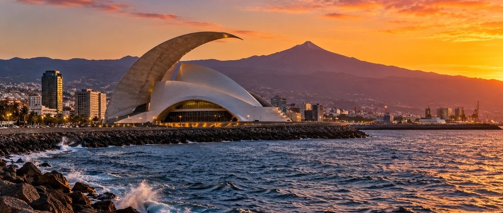 El Auditorio de Tenerife en Santa Cruz al atardecer con el Teide al fondo — citas lesbianas en Santa Cruz de Tenerife