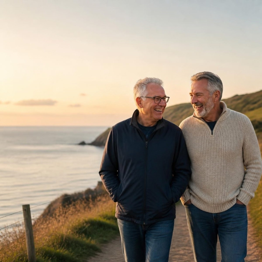Two men in their 60s laughing together as they walk along a coastal path at sunset