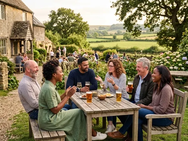 A group of friends around a long table outside a country pub