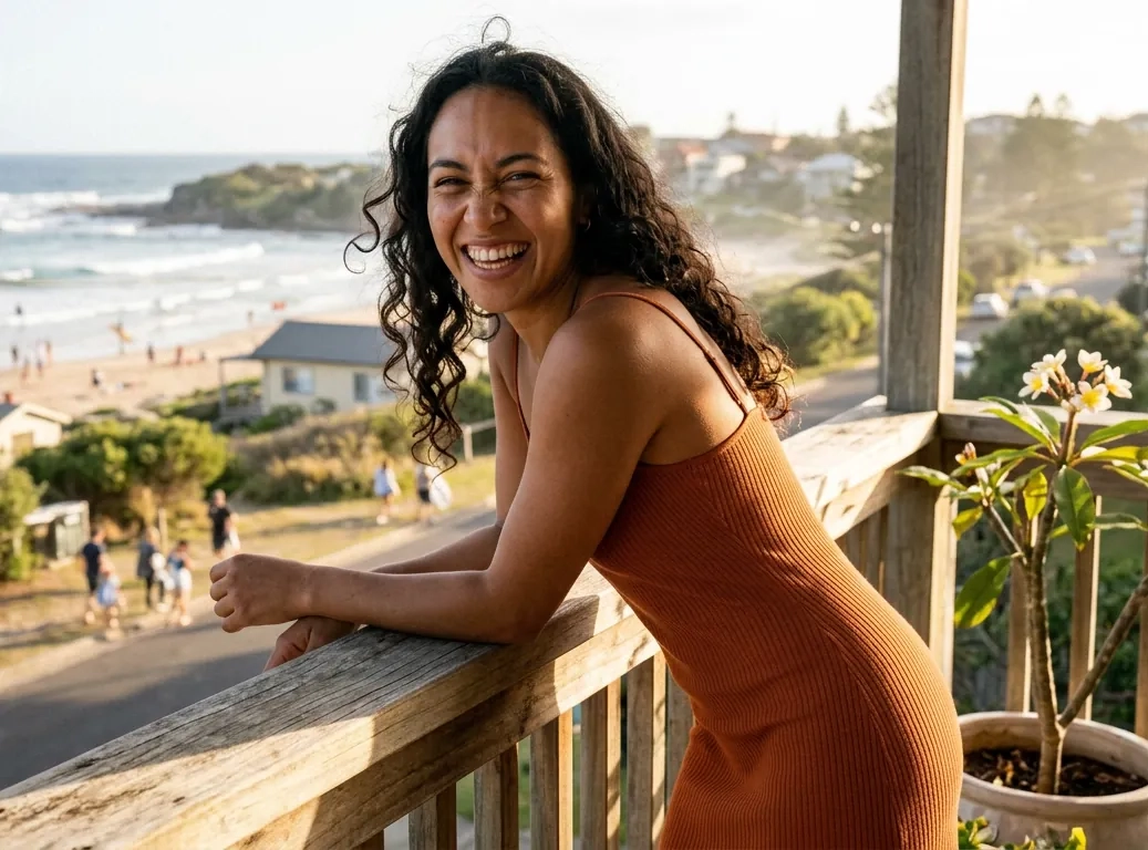 A woman with long dark curly hair in a fitted rust-orange dress leans on a balcony railing and laughs, frangipani beside her and a surf beach behind (AI-generated image)