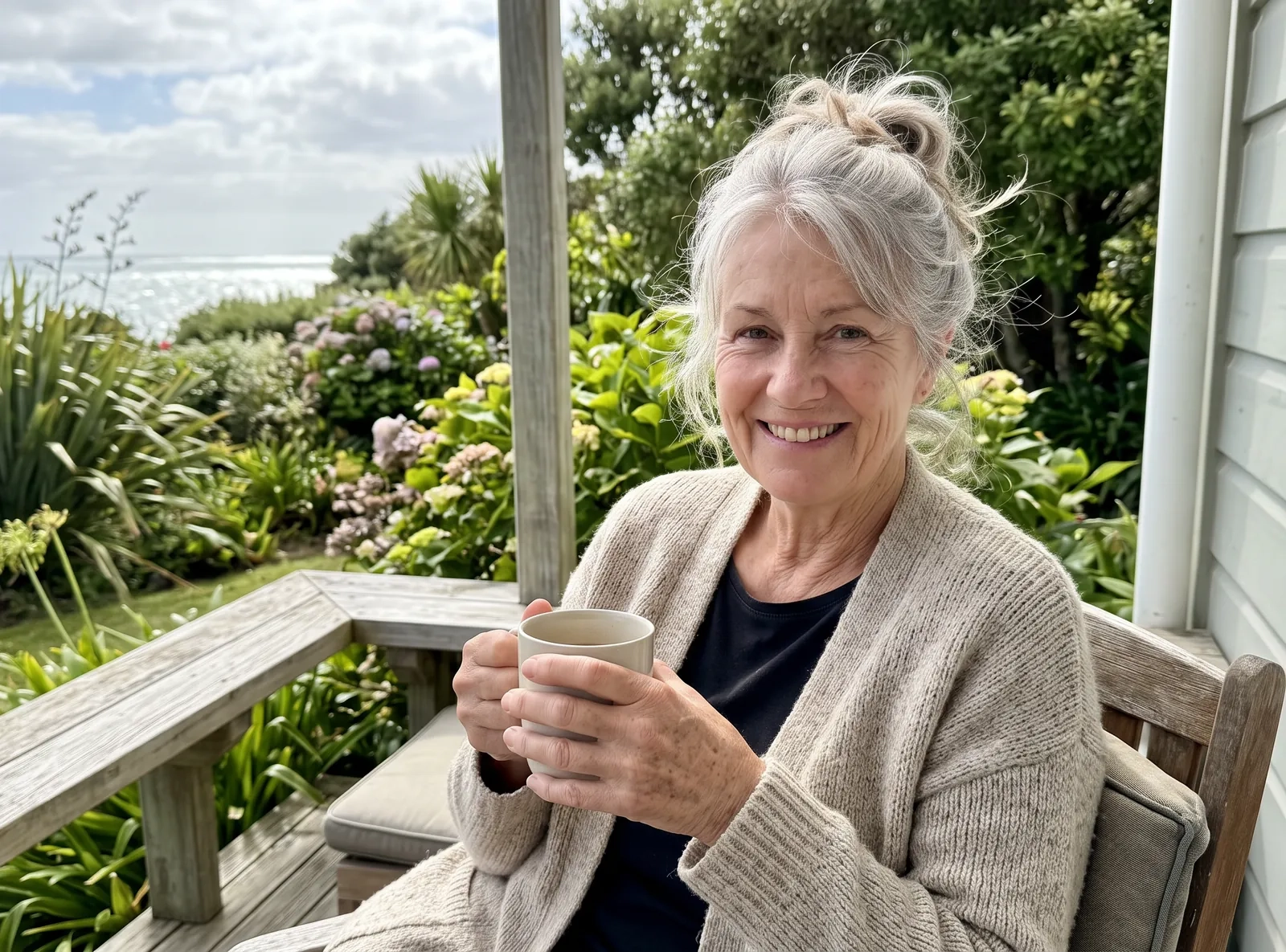 A woman in her sixties with silver hair in a loose bun and an oatmeal cardigan smiles on the deck of a weatherboard cottage, a mug of tea in her hands (AI-generated image)