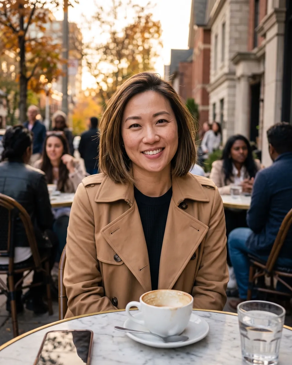 A smiling woman in a camel trench coat with a cappuccino on a Yorkville cafe terrace in Toronto (AI-generated image)