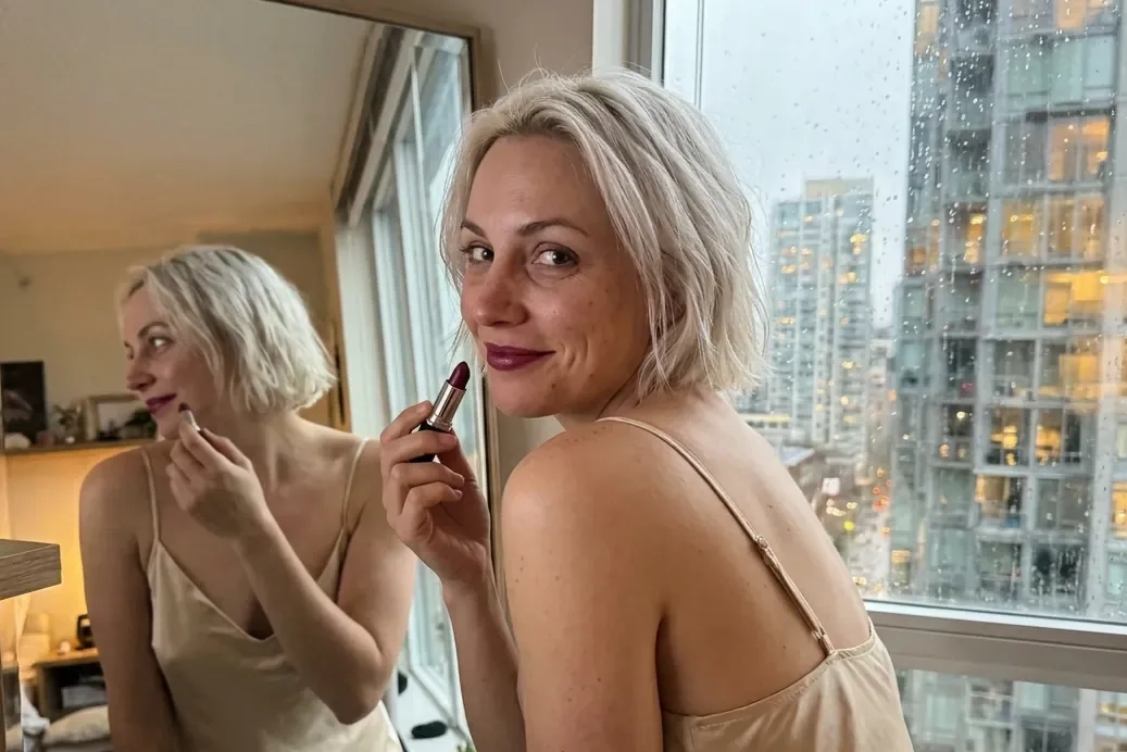 A woman with a platinum-blonde bob and a champagne slip dress puts on lipstick and smiles back over her shoulder, rain on the window and Vancouver towers behind her (AI-generated image)