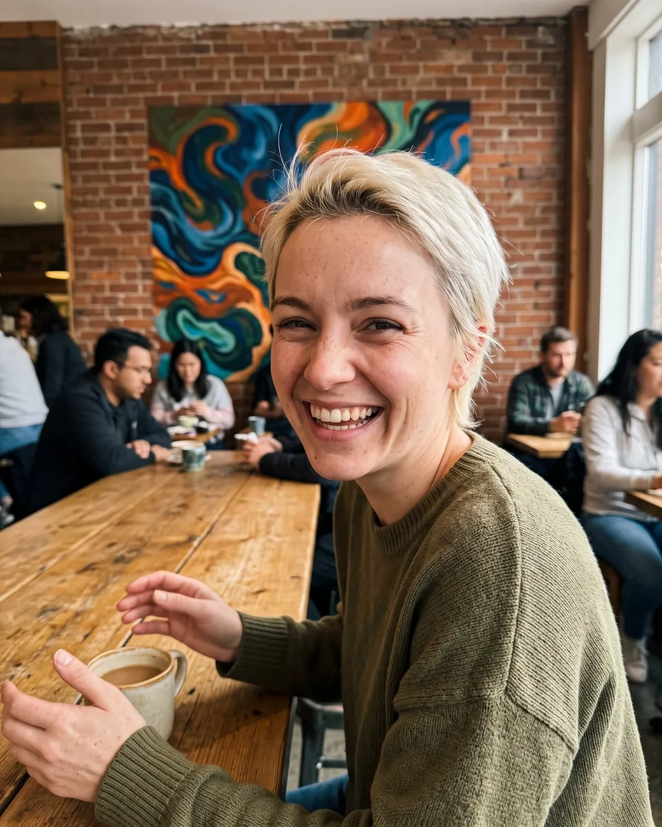 A woman with a short blonde pixie cut laughing over coffee in a Mount Pleasant cafe, Vancouver (AI-generated image)