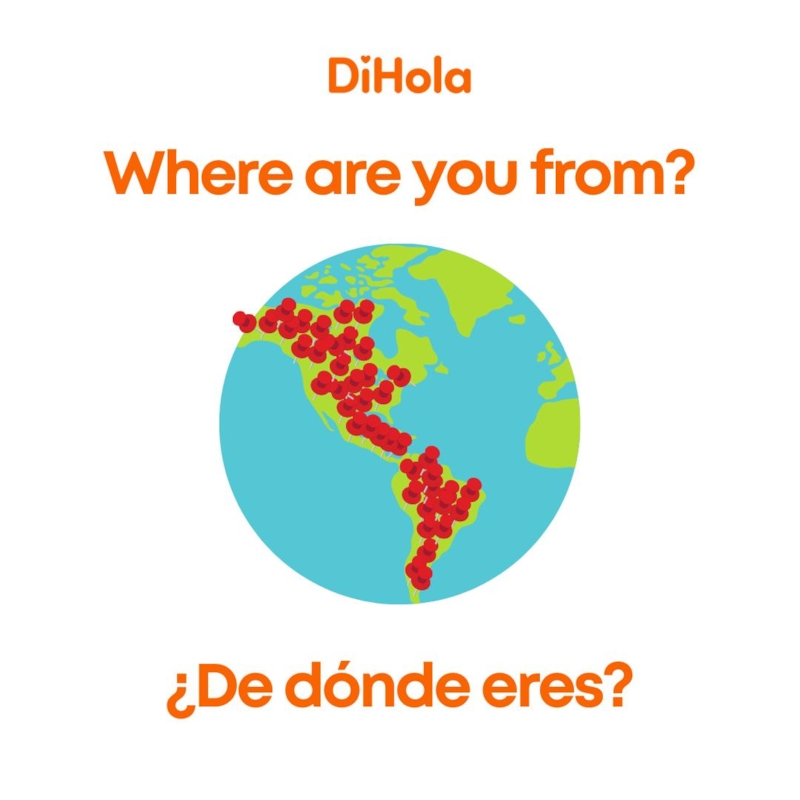 Un globo terráqueo lleno de pines rojos por toda América, con la pregunta ¿De dónde eres? en inglés y en español
