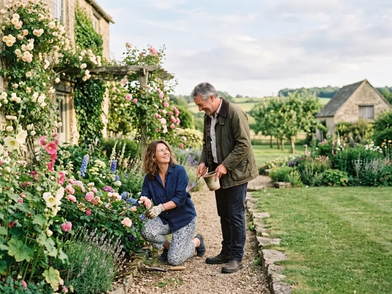 A couple in a cottage garden, one crouching by a rose bush and one standing talking