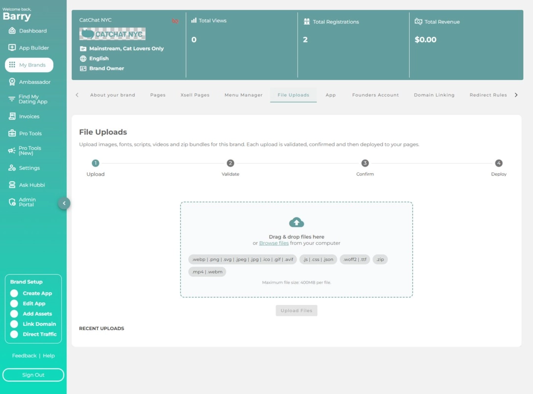 A brand in the portal with the File Uploads tab open, where the old toolkit tab used to be.