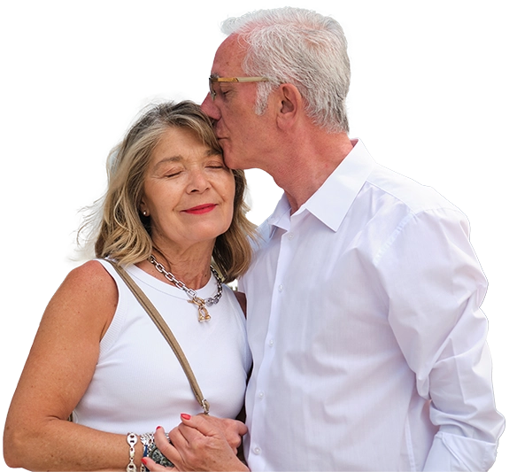 Happy Widowed couple embracing after meeting on Widows Love Hub dating app