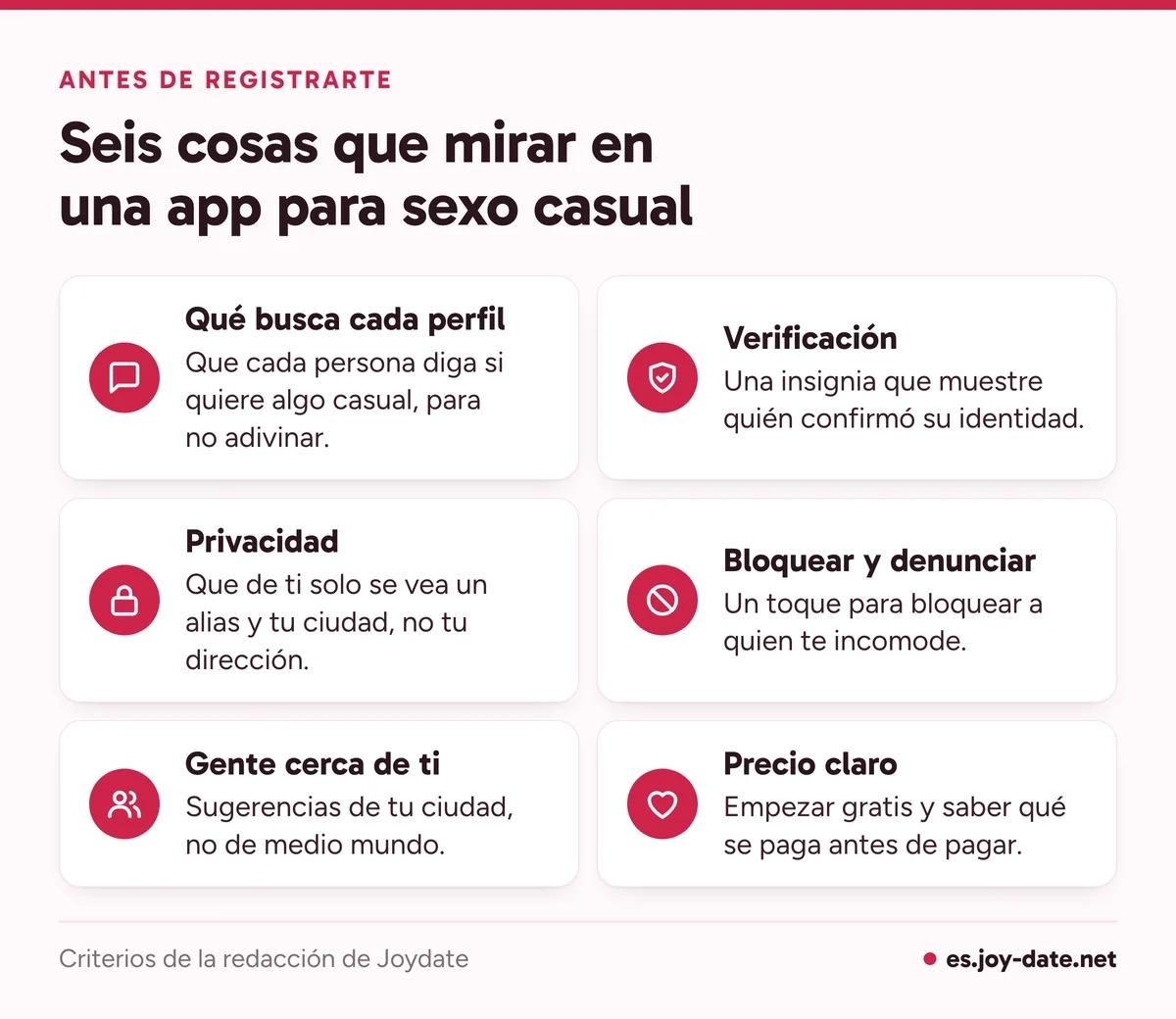 Lista de seis criterios para elegir una app para sexo casual: intenciones, verificación, privacidad, bloqueo, cercanía y precio
