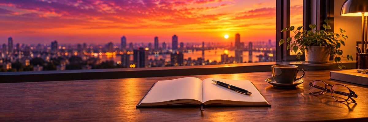 A desk by a window above a city at sunset, with an open notebook and a cup of coffee