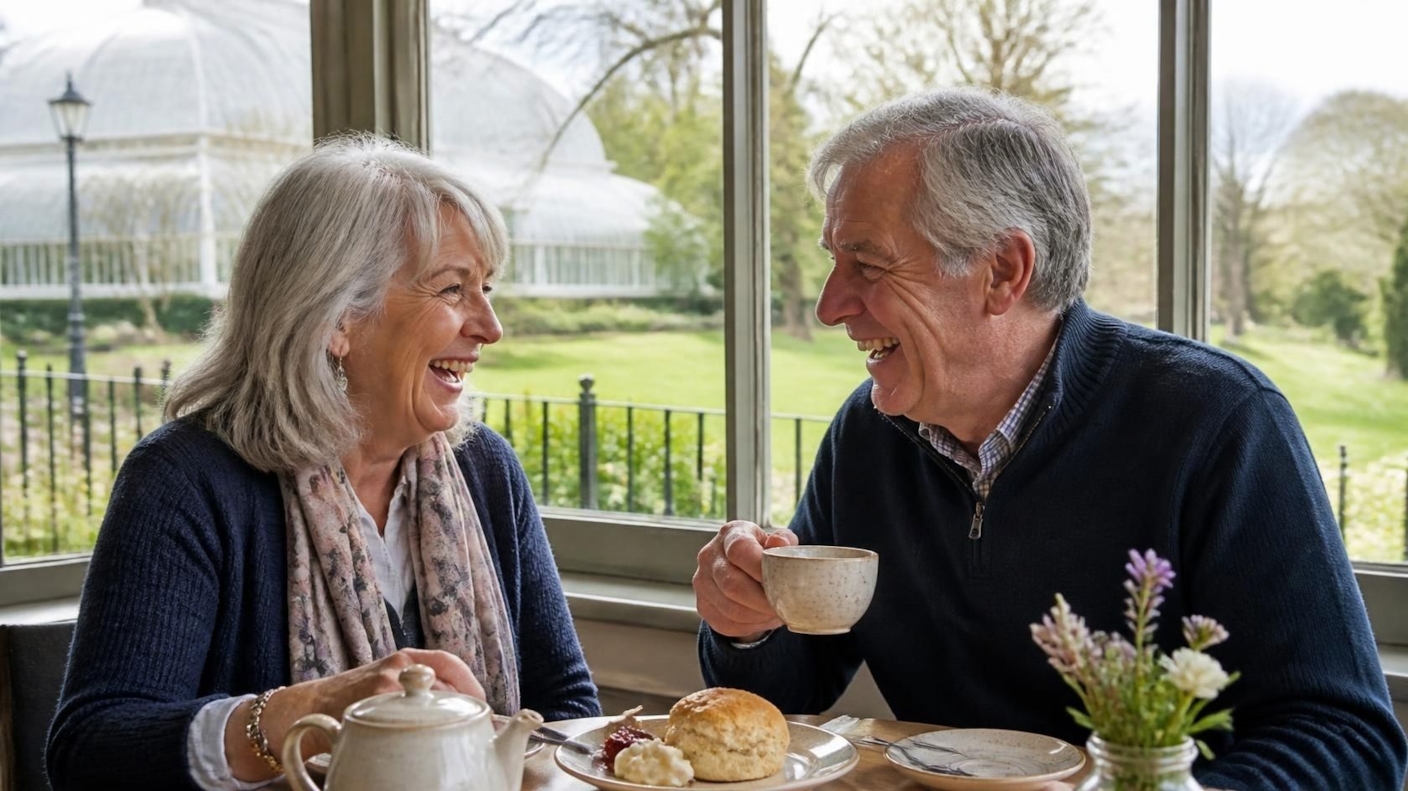 An older couple laughing over tea and scones in a bright café, with a park and glasshouse behind them