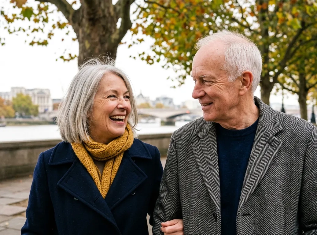 A woman in her mid sixties with a silver bob and a mustard scarf laughs with a man in his late sixties in a grey overcoat on a riverside promenade in London under autumn plane trees (AI-generated image)