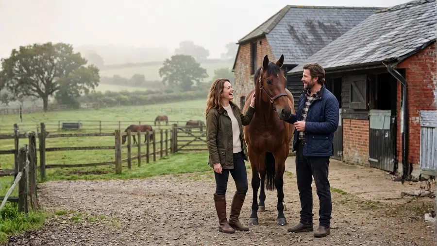 A couple talking beside a horse outside a stable block