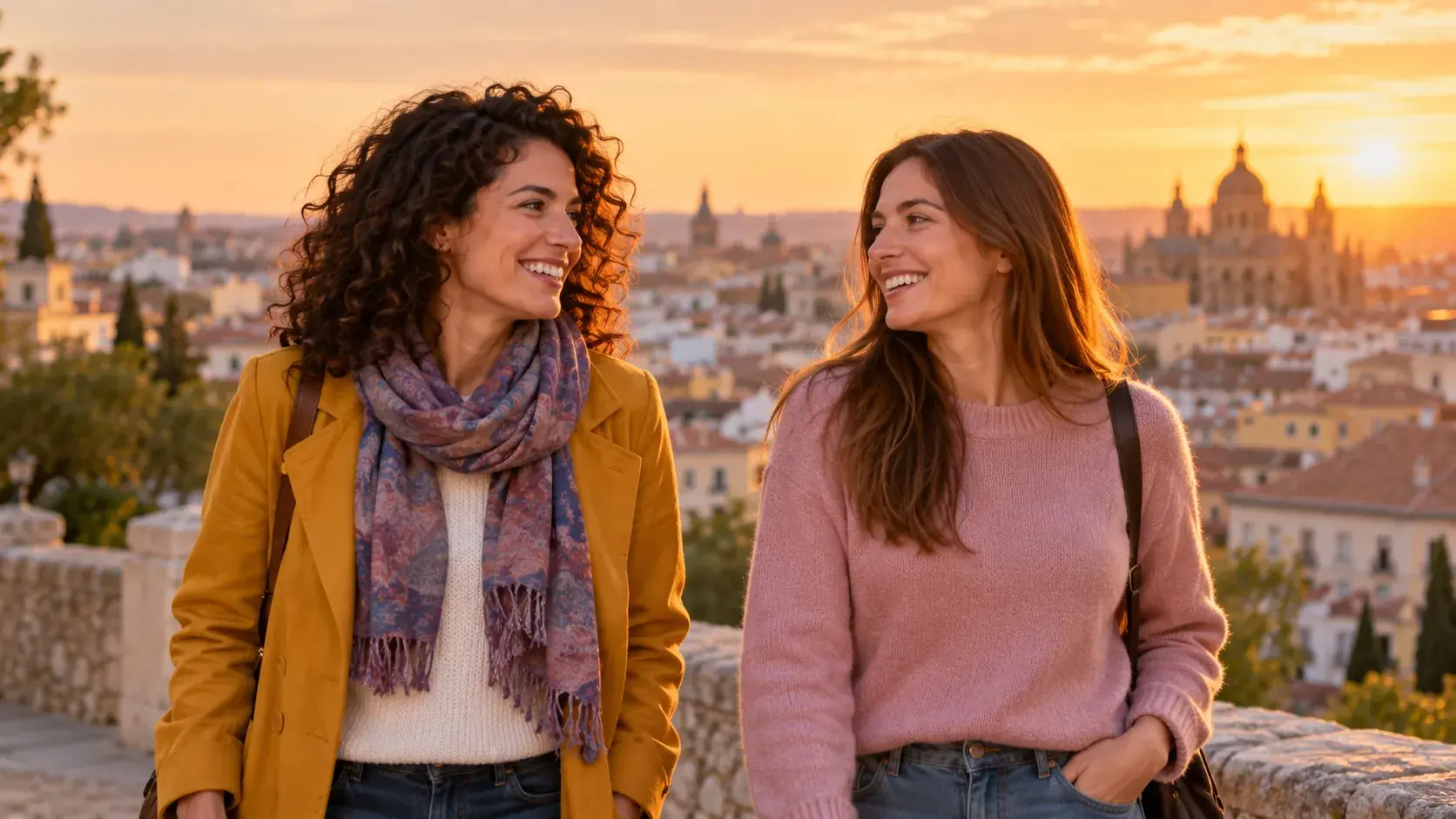 Dos mujeres adultas conversan sonrientes en un mirador urbano al atardecer