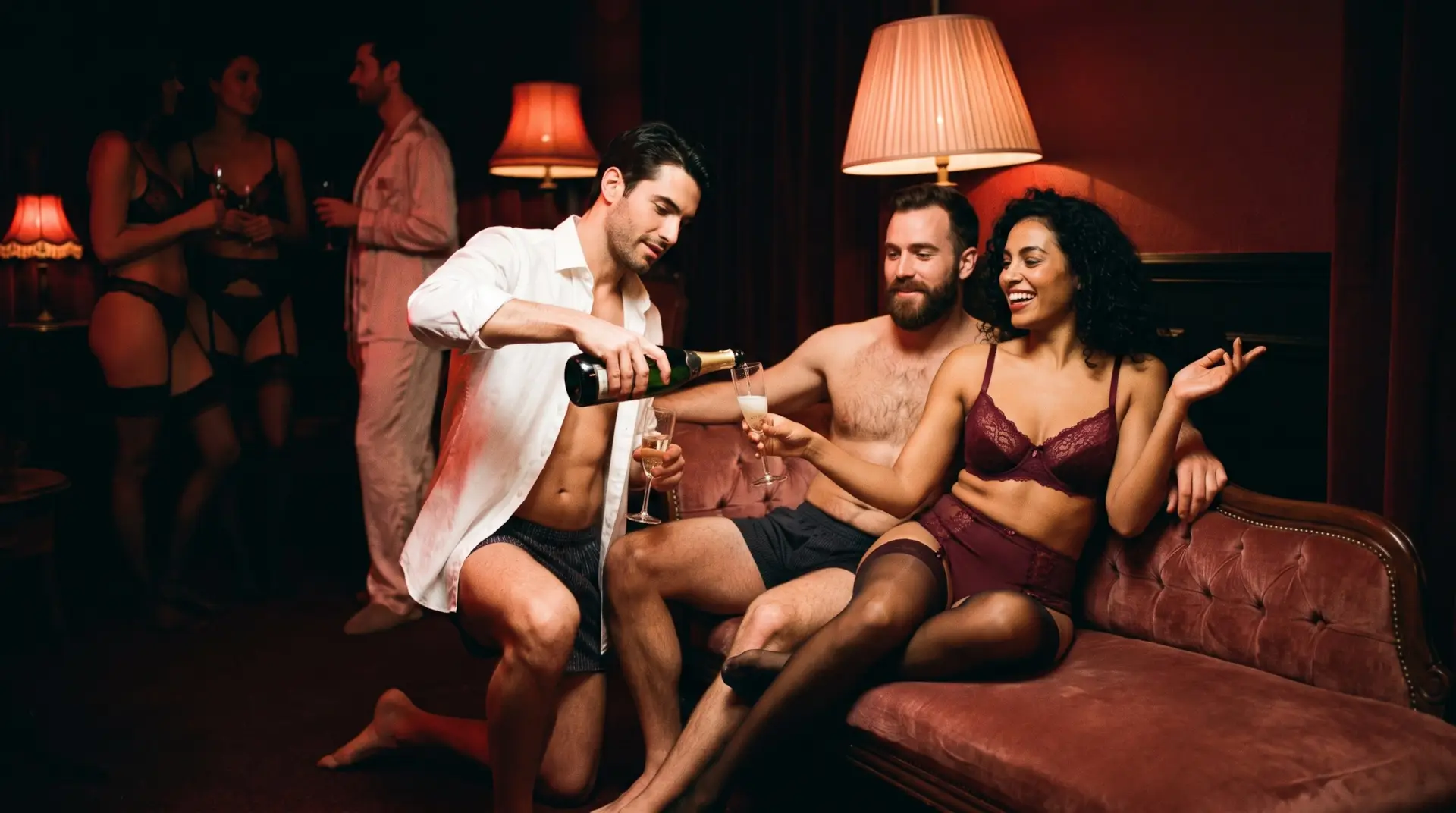 A couple on a velvet chaise in a club as a single man pours them champagne